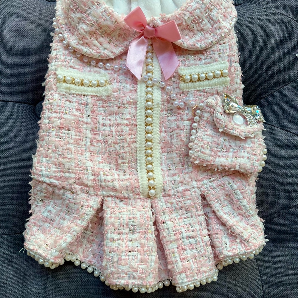 Elegant Pink Tweed Dog Dress with Pearl Accents